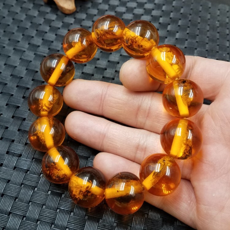 玉龍玉器仿琥珀圓珠手鏈仿透明昆蟲琥珀手鏈18毫米圓珠手串