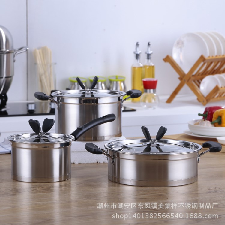 廠家直銷不銹鋼鍋具套裝 復(fù)底直角奶鍋湯鍋炒鍋三件套 禮品贈(zèng)品