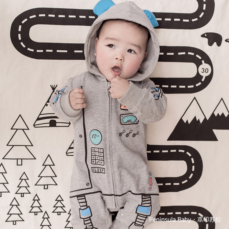 嬰童衣服2018春款太空人寶寶連體衣前開拉鏈連帽爬服嬰幼兒哈衣