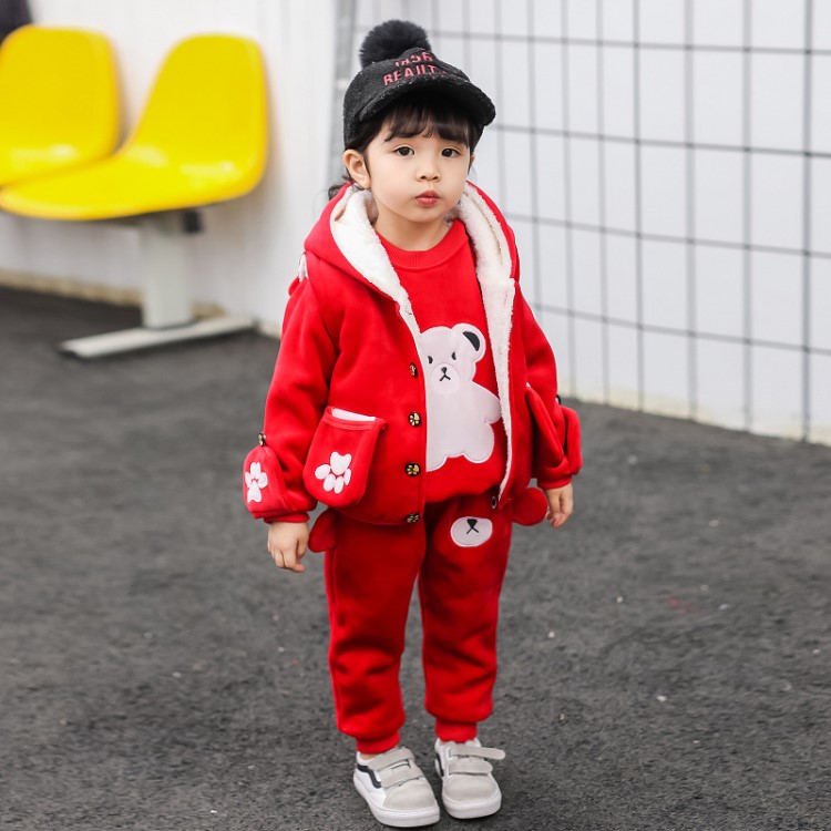 小童女寶寶男童冬季加厚加絨可愛造型保暖時尚1-2-3-4-5棉三件套