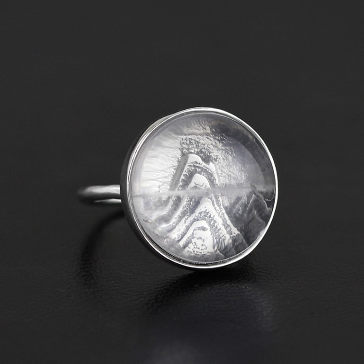 原創｜出云之所｜天然白水晶山形浮雕銀文藝創意開口戒指批發
