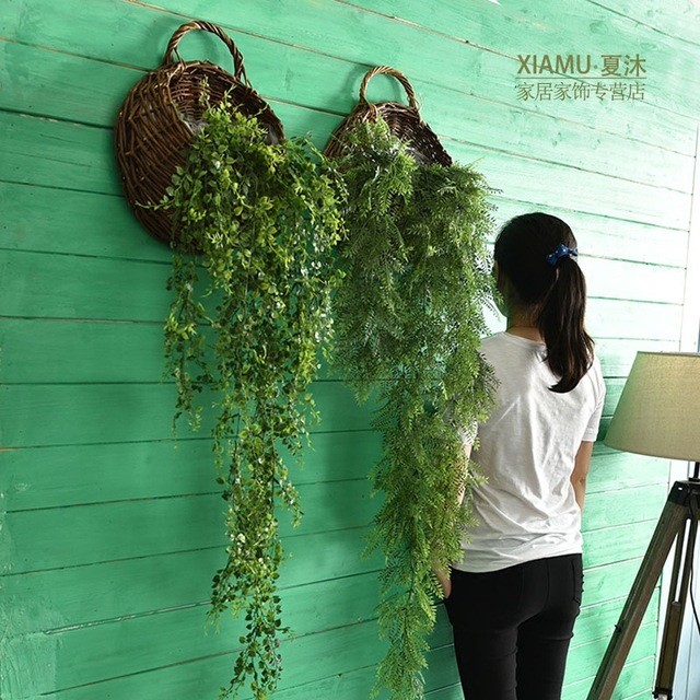 創(chuàng)意仿真植物墻飾花籃柳編壁飾店鋪墻面整體裝飾壁掛花藝套裝家飾