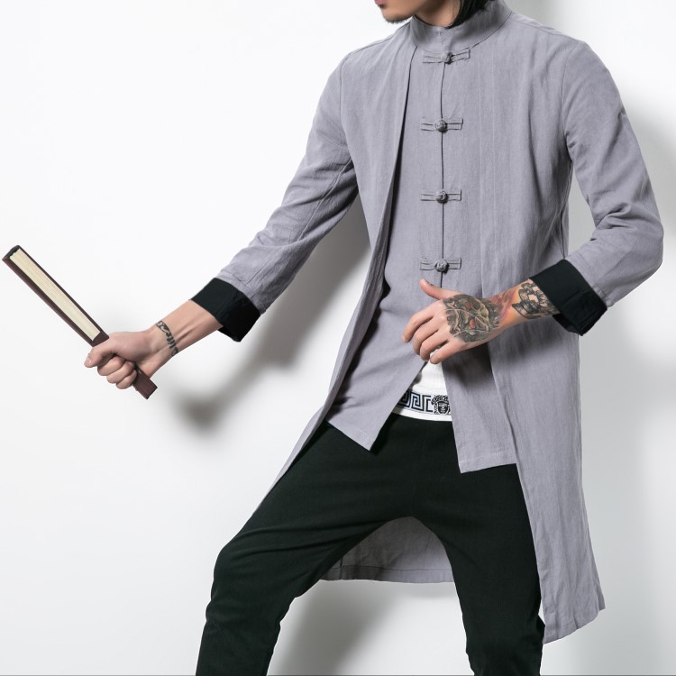 春季新款日系復古中國風棉麻中長袖風衣男裝大碼夾克外套一件代發