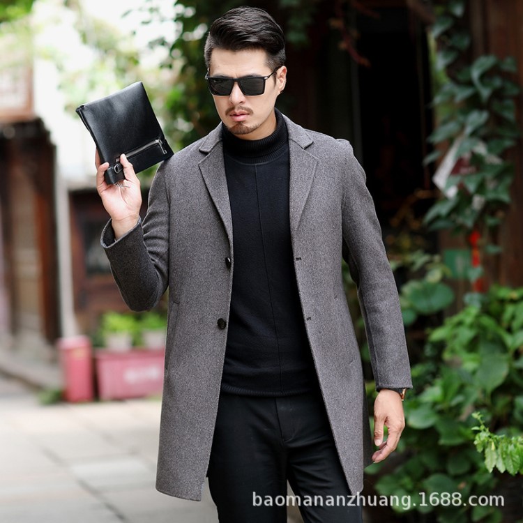 2019男士中長款西服領(lǐng)雙面呢大衣黑色白色廠家直銷