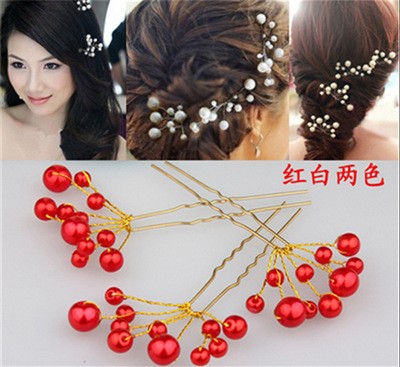 韓式新娘盤發(fā)u型發(fā)釵發(fā)簪手工制作珍珠古裝新娘影樓飾品頭飾批發(fā)