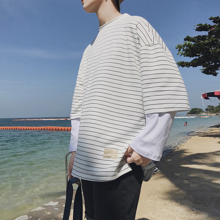 港風男士條紋假兩件長袖T恤青年韓版潮流春裝上衣外套DS42TP40