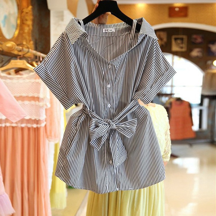 2020-夏裝韓國新款條紋甜美一字領吊帶收腰顯瘦露肩襯衫上衣女