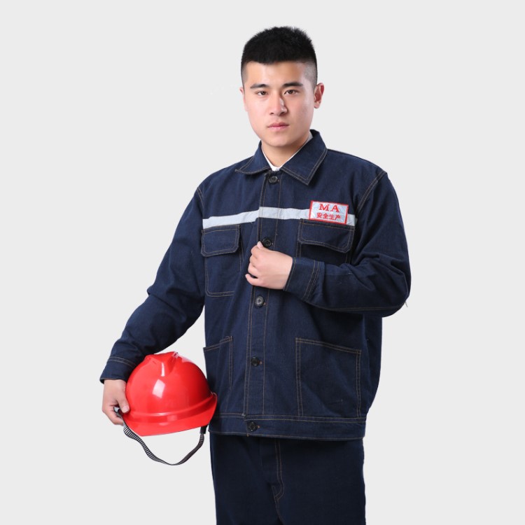 春季全棉長袖牛仔工作服套裝電焊工工裝加厚反光條牛仔勞保服批發(fā)