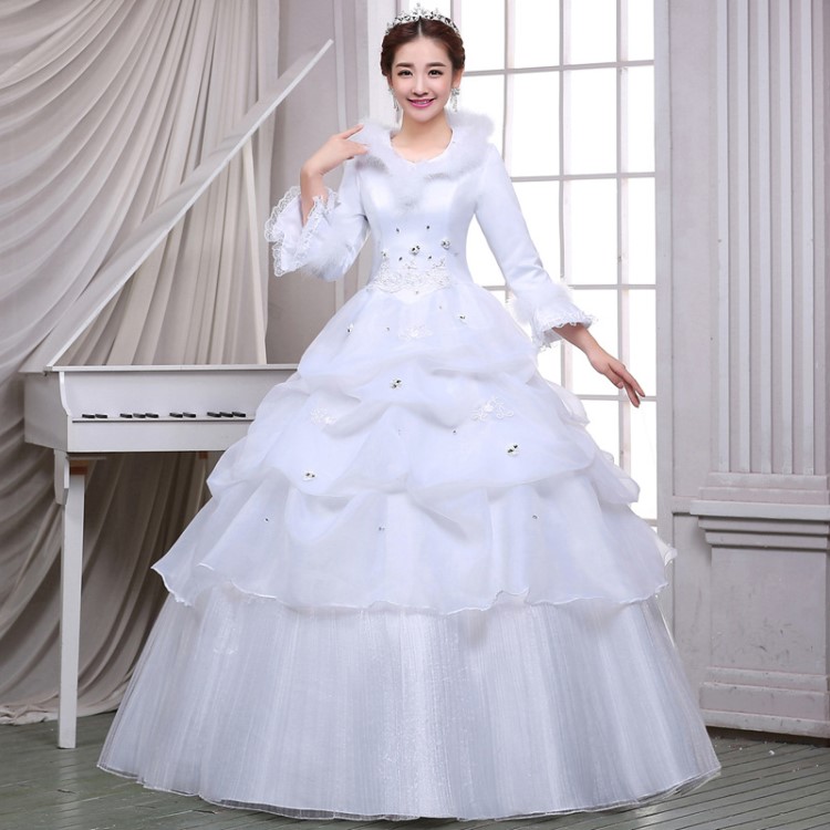 2019新款韓版顯瘦婚紗禮結婚服白色保暖冬裝加棉長袖秋厚毛領綁帶