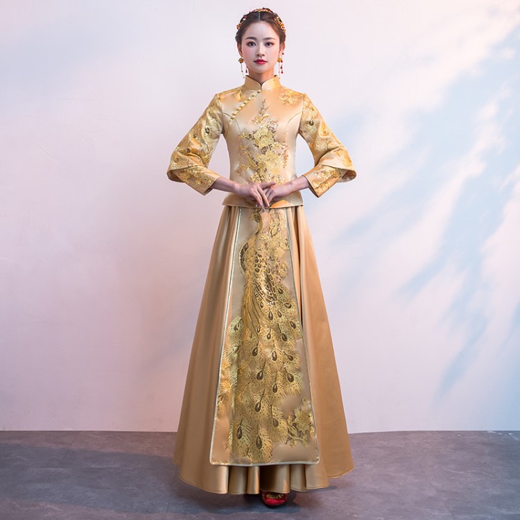 2019抖音金色新娘結(jié)婚禮服龍鳳褂 復古刺繡秀禾服敬酒服中式喜服