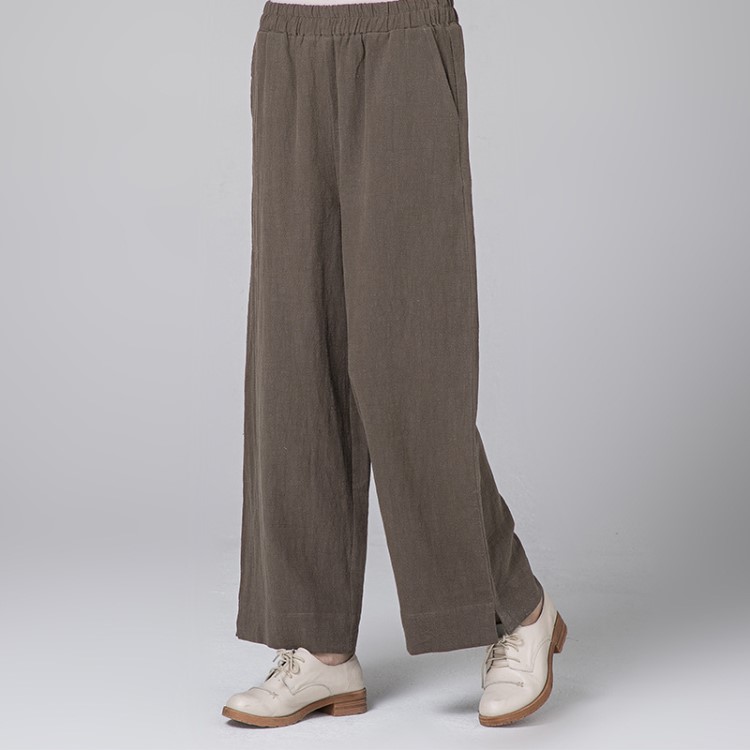 二喜茶服 秋冬保暖中式女式棉麻寬松中腰闊腿褲 女復古亞麻休閑褲