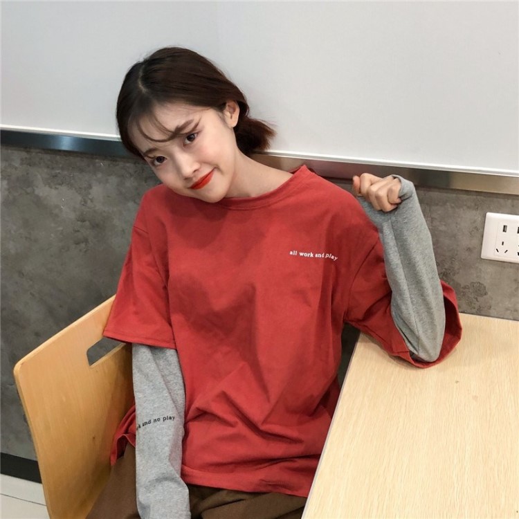 韓版寬松印花小清新個性假兩件上衣女打底衫長袖T恤