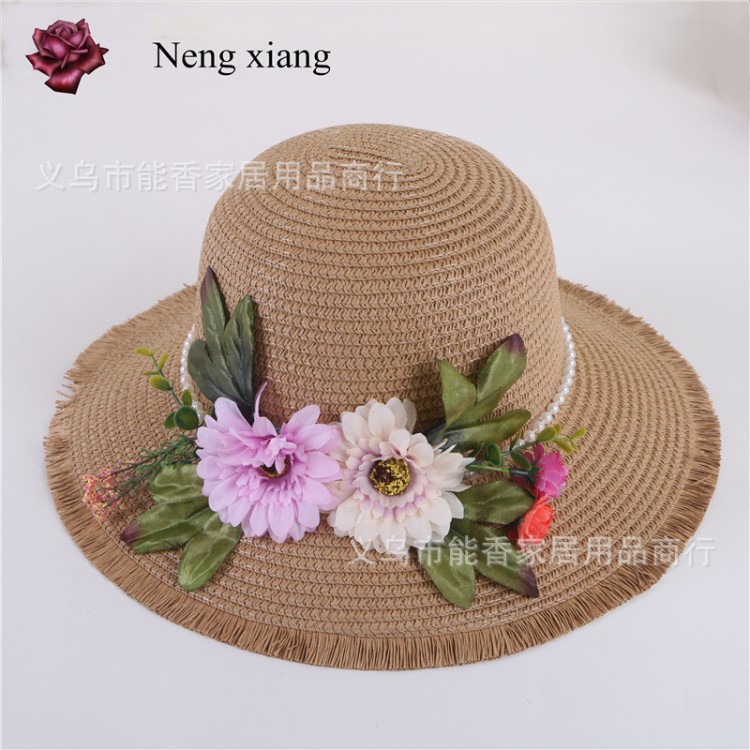 女士遮陽草帽毛邊盆帽珍珠小花朵蝴蝶結(jié)大沿帽子straw hat