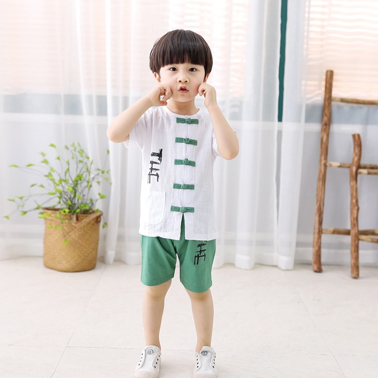 兒童漢服唐裝中國風童裝表演服棉麻短袖男童套裝手工盤扣廠家批發