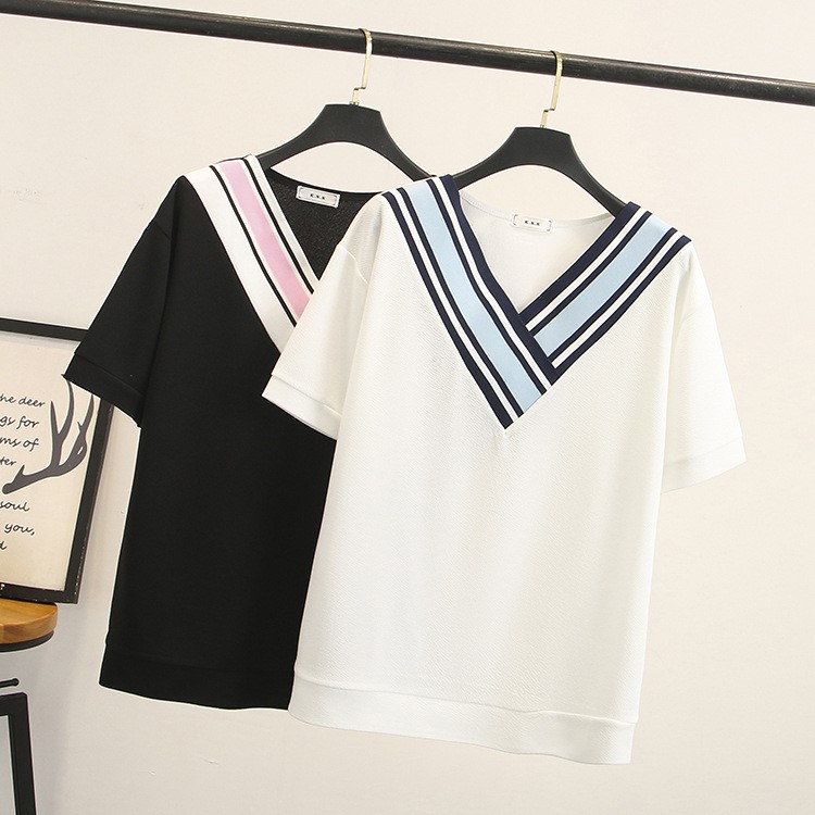 夏季女裝加大碼寬松百搭V領上衣胖mm顯瘦短袖t恤學生打底衫f3562