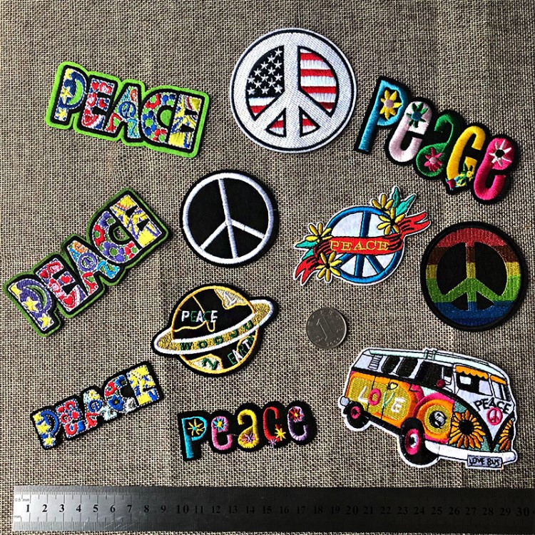 卡通和平刺繡布貼 peace字母星球汽車兒童服裝輔料背膠破洞補丁貼