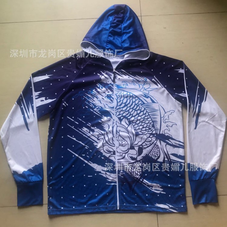 釣魚(yú)防曬服男夏季數(shù)碼印花連帽拉鏈戶外防蚊衣吸汗透氣垂釣服外套