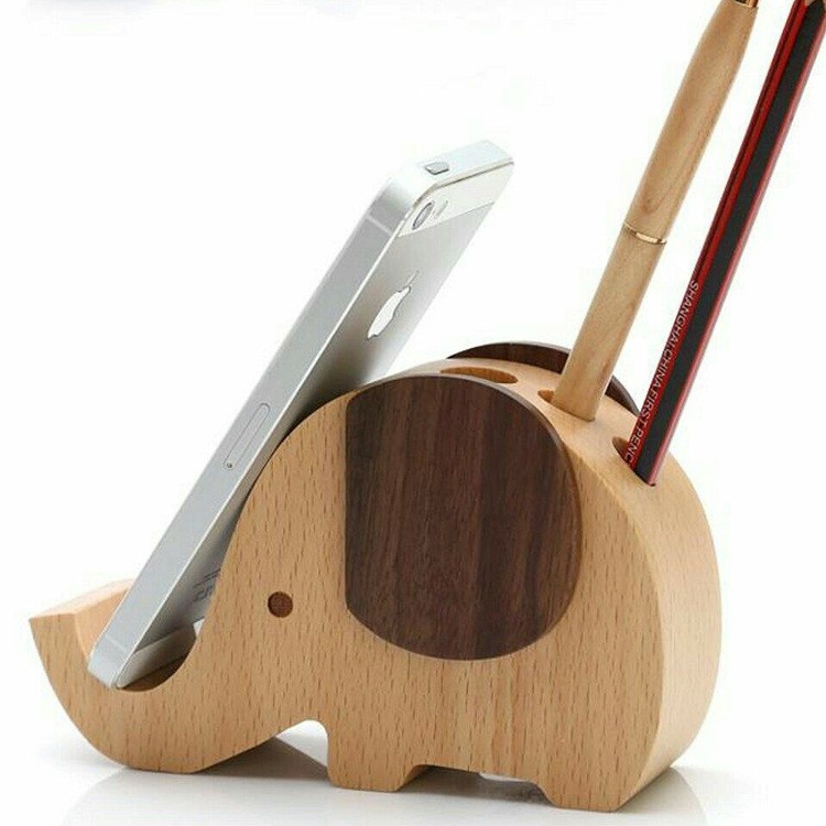 创意礼品木质笔筒动物可爱卡通越兔子木质手机支架懒人手机架