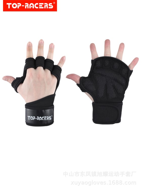 TOP-RACERS 健身房防滑手套 上拉騎行舉重訓(xùn)練運(yùn)動(dòng) 加長(zhǎng)腕帶保護(hù)