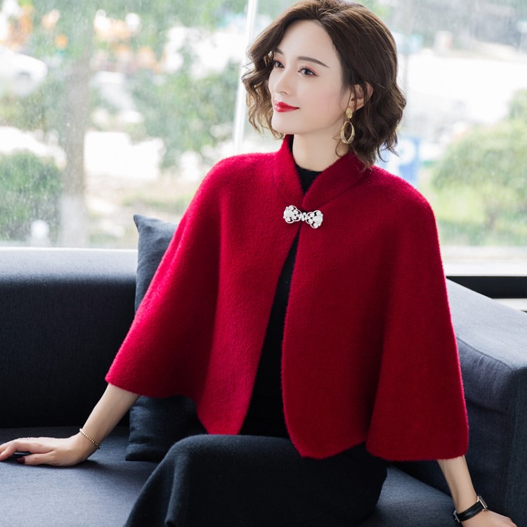 仿水貂絨配旗袍披肩女秋冬新款外穿開衫色毛衣外套斗篷披風女款