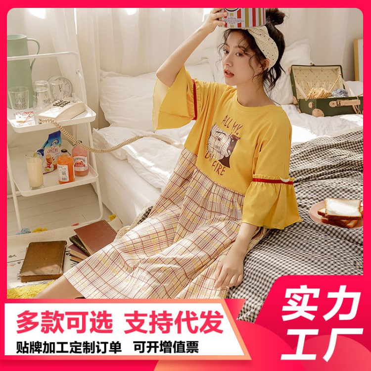 睡裙女夏短袖棉甜美可愛(ài)公主風(fēng)學(xué)生睡衣夏大碼寬松孕婦棉質(zhì)睡裙