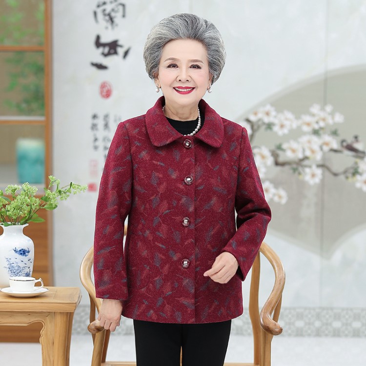 奶奶春秋毛呢外套中老年人女裝秋裝呢子外衣60歲70歲短款上衣服裝