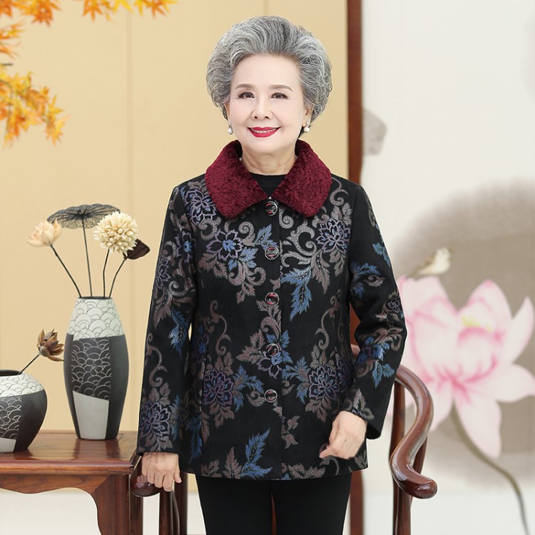 奶奶冬裝外套鹿皮絨加棉皮衣中老年人女加厚衣服60-70歲媽媽棉襖