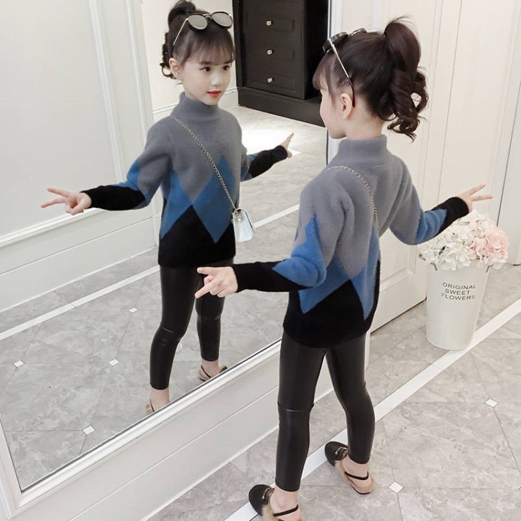 女童秋裝毛衣2019新款洋氣兒童水貂絨外搭中學生線衣中大童打底衫