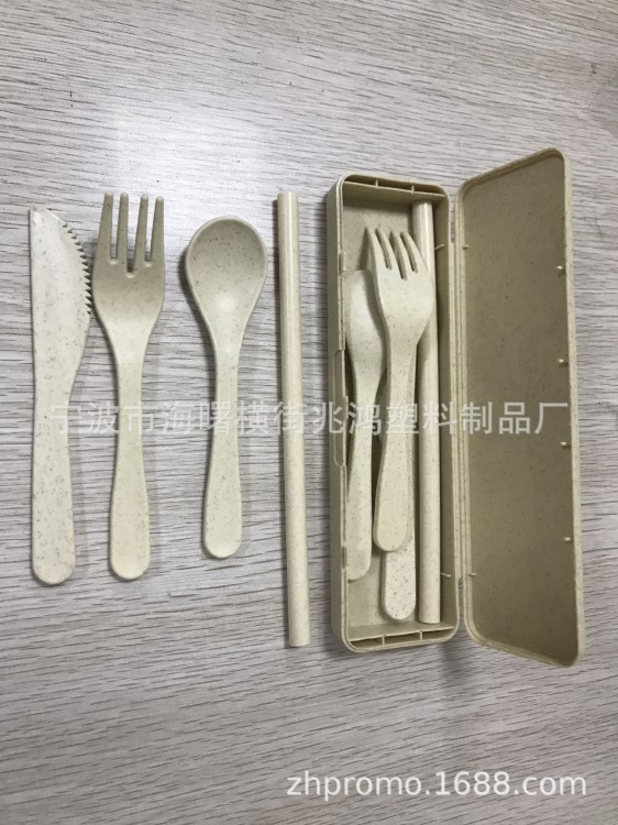 竹纖維長方形帶硅膠吸管刀叉勺套裝，麥稈纖維刀叉勺旅游餐具套裝