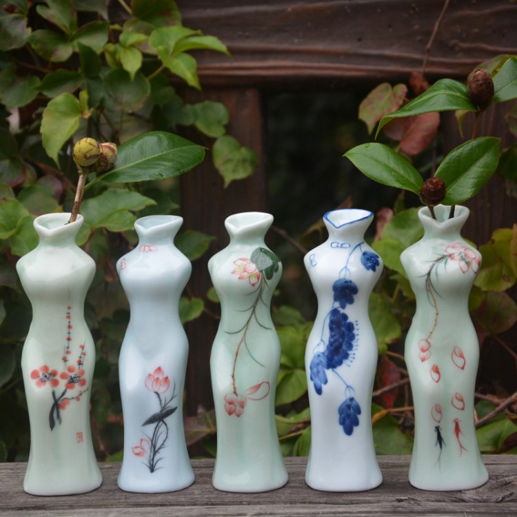 手繪陶瓷旗人物花瓶中國風花插擺件花瓶桌面家居飾品擺件青瓷白瓷