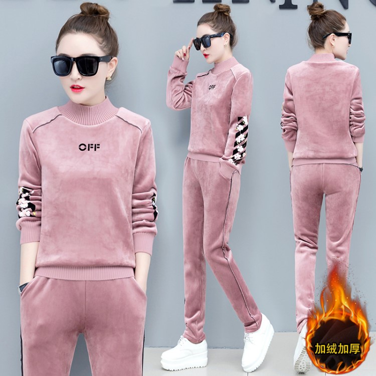 金絲絨運動套裝女冬加絨加厚休閑兩件套2019新款時尚女裝冬天衛衣
