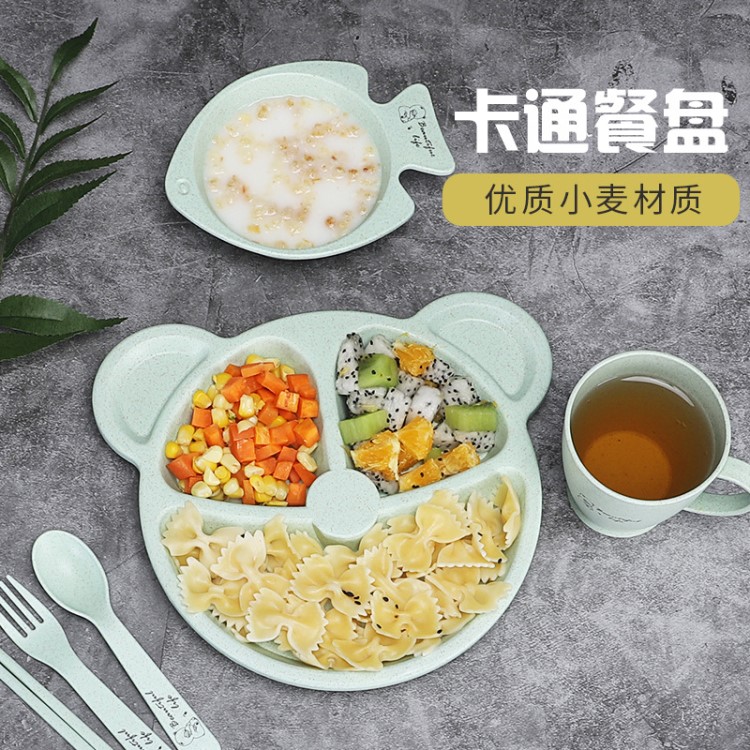 創(chuàng)意趣味卡通小麥秸稈六件套兒童餐具碗盤杯叉勺筷分格隔熱可定制