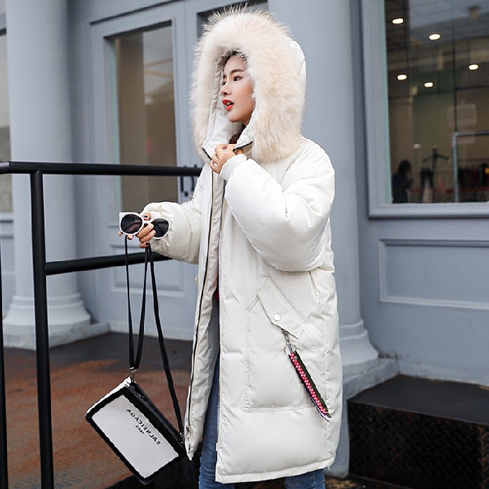 歐洲站韓版大碼女裝毛領寬松棉襖過膝羽絨棉服女加厚棉衣中長款