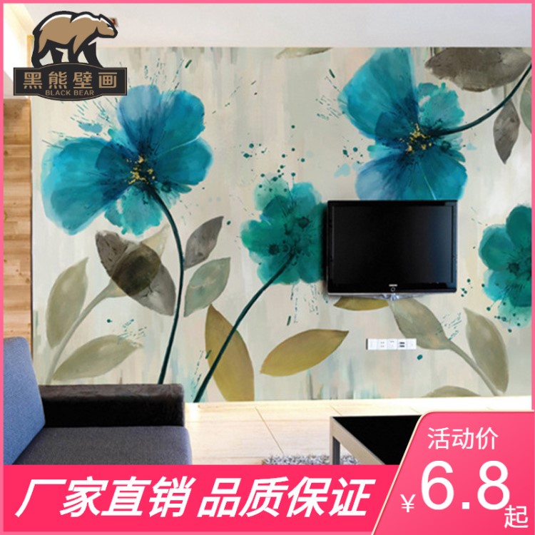 定制墻紙壁畫 藝術手繪壁紙 客廳電視背景墻紙 歐式大型藍色壁畫