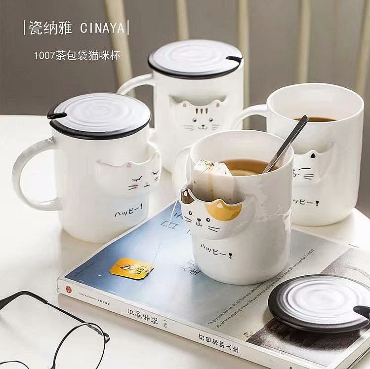 2020新品帶蓋茶杯創(chuàng)意茶包袋貓咪杯子帶蓋帶勺子陶瓷杯馬克杯批發(fā)