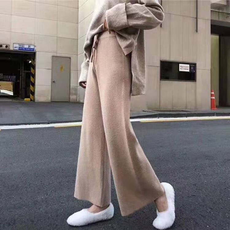 加厚羊毛闊腿褲女2020秋冬高彈力大碼寬松中腰毛線針織闊腿褲長褲