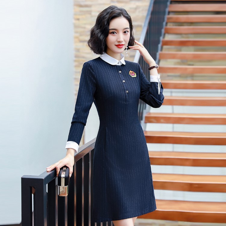春裝女2020新款長袖職業裝教師幼兒園條紋連衣裙時尚網紅女士裙子