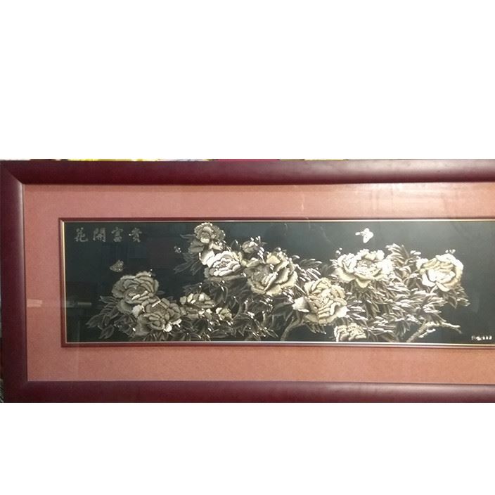 銅板畫壁畫客廳辦公室掛畫裝飾畫花開富貴全手工雕刻金999