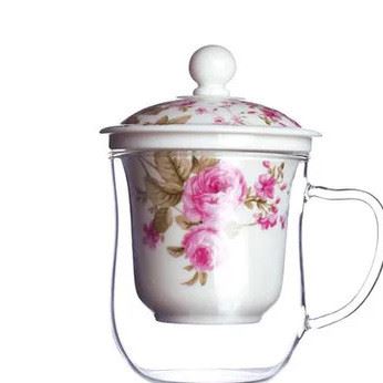 創意耐熱玻璃杯茶具花茶杯情侶水杯帶蓋陶瓷內膽過濾三件式泡茶杯