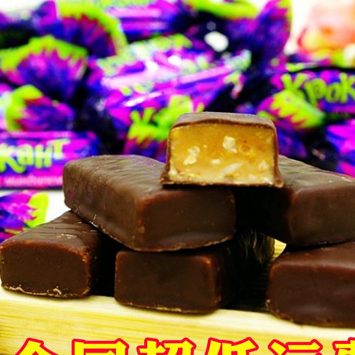 俄罗斯巧克力kpokaht太妃果仁夹心酥紫皮糖果婚庆威化喜500g