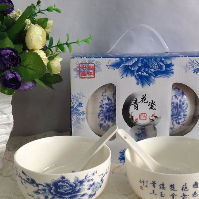 廠家直銷 青花瓷韓式陶瓷碗 2碗2勺餐具節(jié)日禮品碗廣告碗 