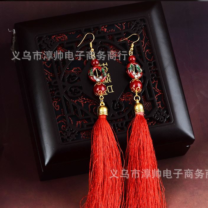 新娘紅色飾品 復古耳環(huán)旗袍禮服耳環(huán) 古裝流蘇耳環(huán)耳墜長款