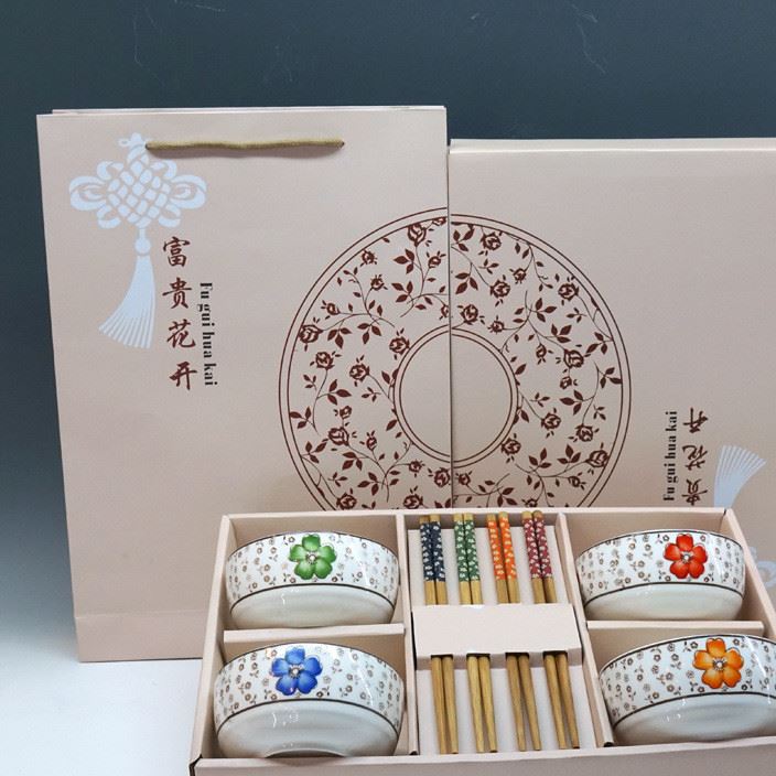 禮品 日式櫻花4碗4筷8件套陶瓷碗筷餐具套裝 廣告贈(zèng)品送禮裝