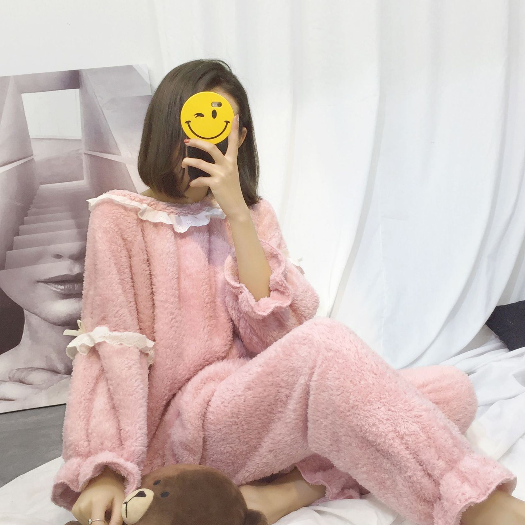 FB11 甜美可愛！珊瑚絨女冬韓版粉嫩保暖家居服套裝 包郵~ae19