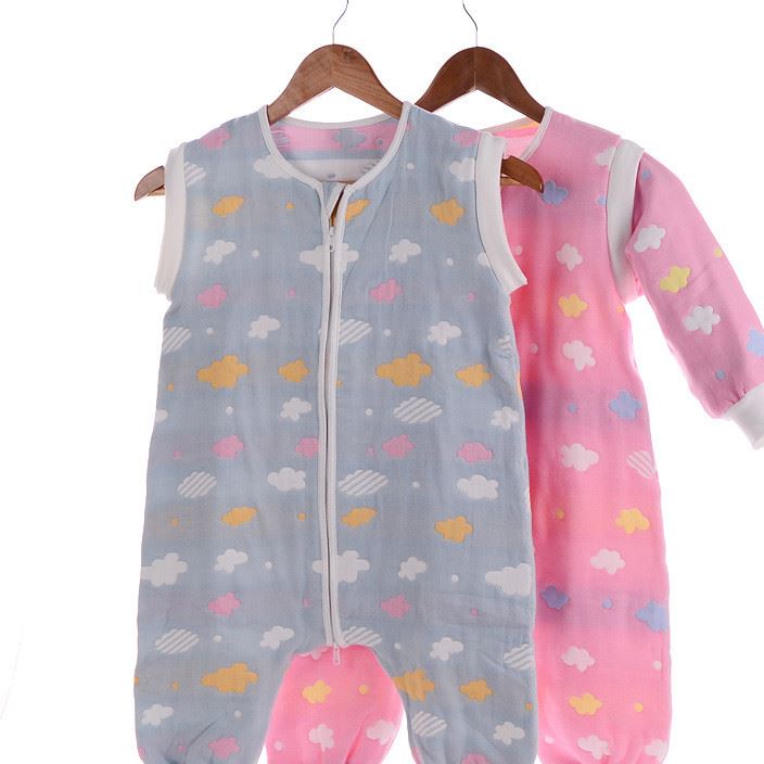 廠家直銷(xiāo)六層棉紗布爬服嬰幼兒家居服睡袋紗布哈衣可拆袖爬服