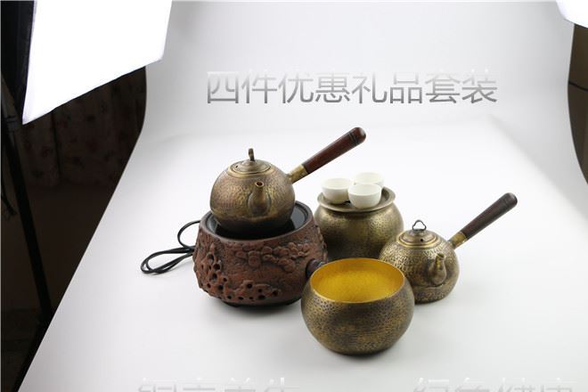 松山聚德流香黄铜手工仿古铜壶烧水壶煮功夫茶壶养生4件装