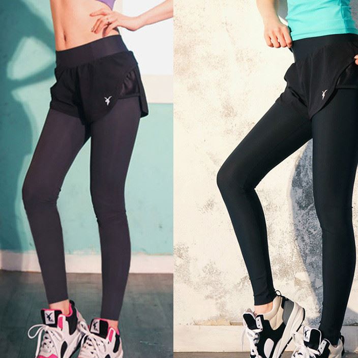 韓國戶外壓縮速干緊身健美運動褲跑步瑜伽服假兩件女九分秋冬薄款