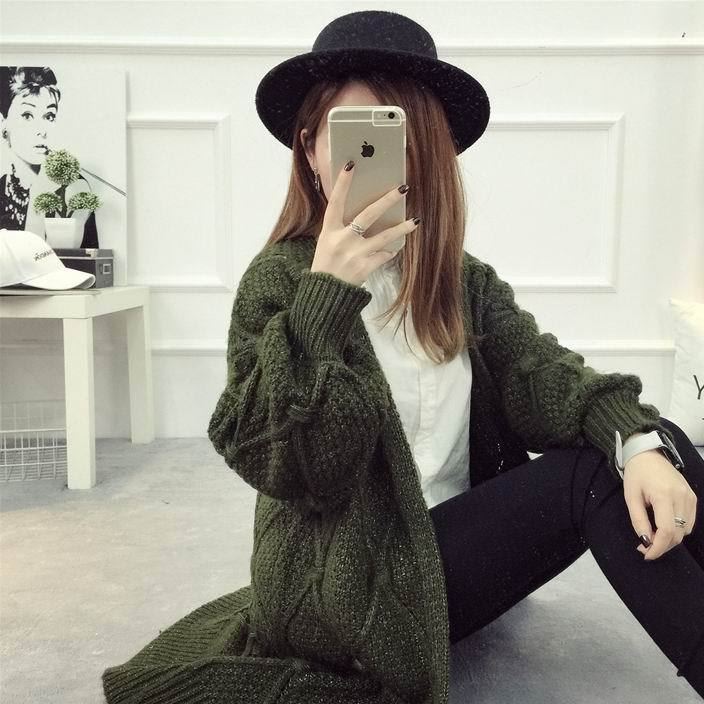 2017年秋冬新款針織開衫女款潮麻花中長款毛衣外套寬松V領學院風