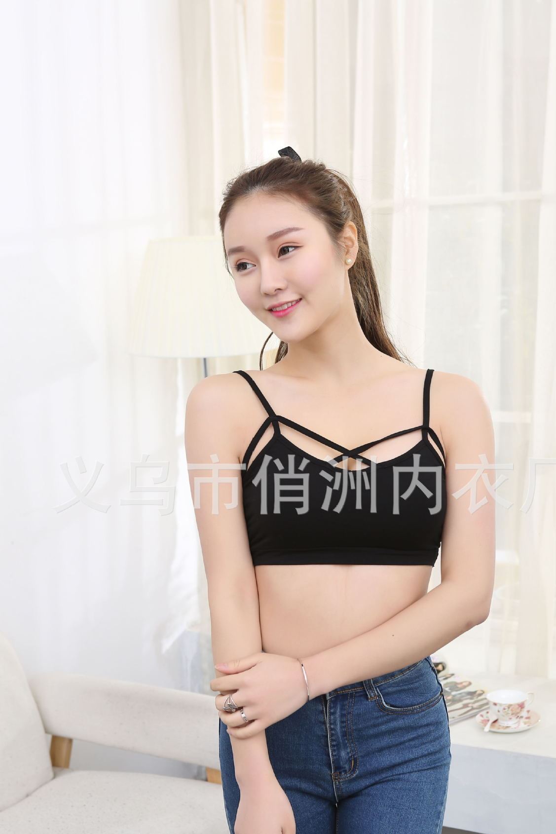 歐美 胸前交叉綁帶短款高腰露臍吊帶胸衣性感小背心抹胸有胸墊