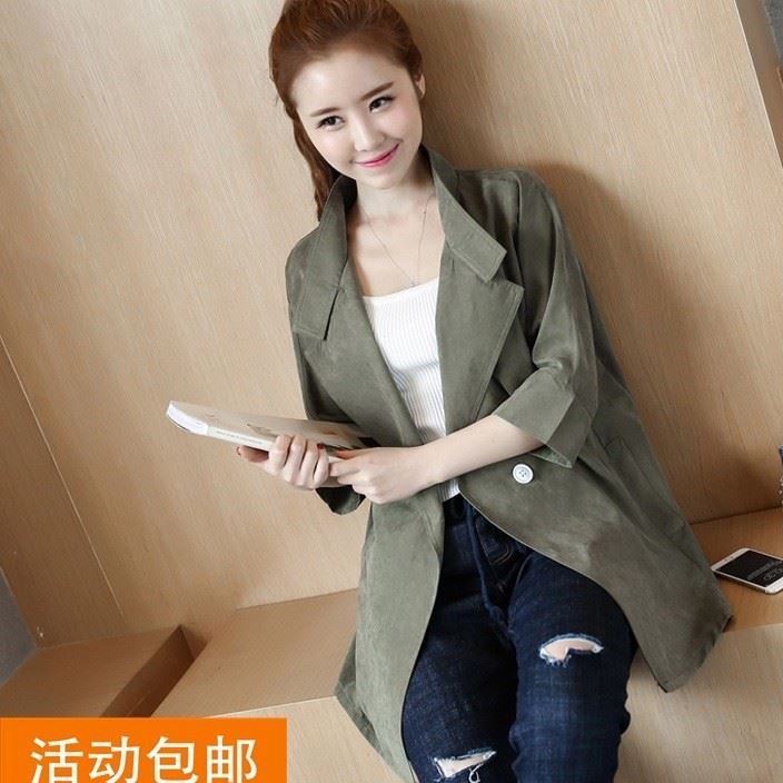 吢17春夏新款200斤胖mm大碼女裝七分袖百搭中長款翻領風衣外套女